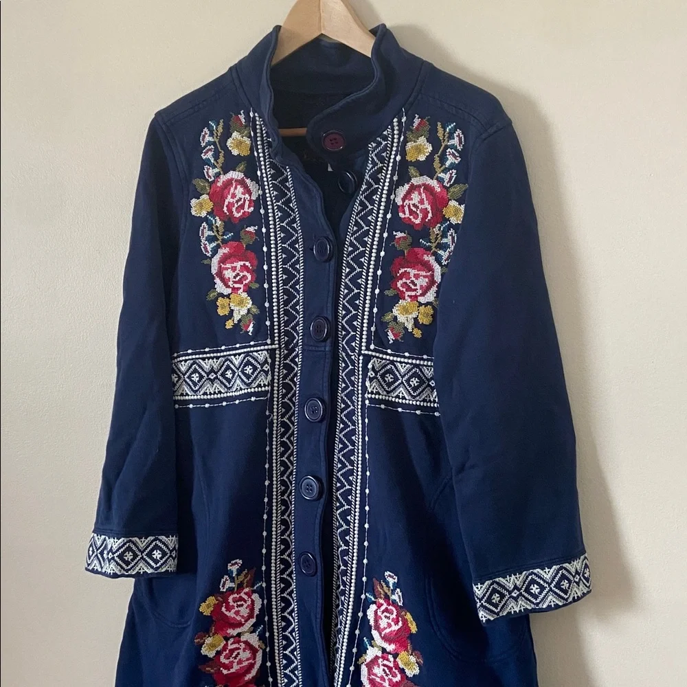 Johnny Was Floral Embroidered Cross Stitched Navy Cotton Military Jacket Medium - Picture 4 of 12